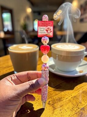 Handcrafted Strawberry Shortcake Beaded Pink Rhinestone Pen